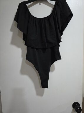SHEIN QINS Black Ruffle Overlay Bodysuit Off Shoulder 1XL